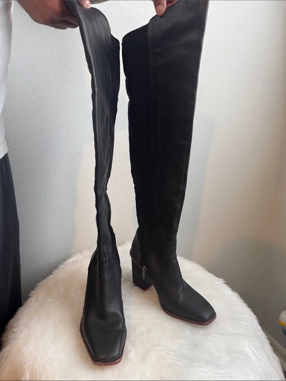Vince Camuto Black Leather Over-the-Knee Square-Toe Block Heel Boots